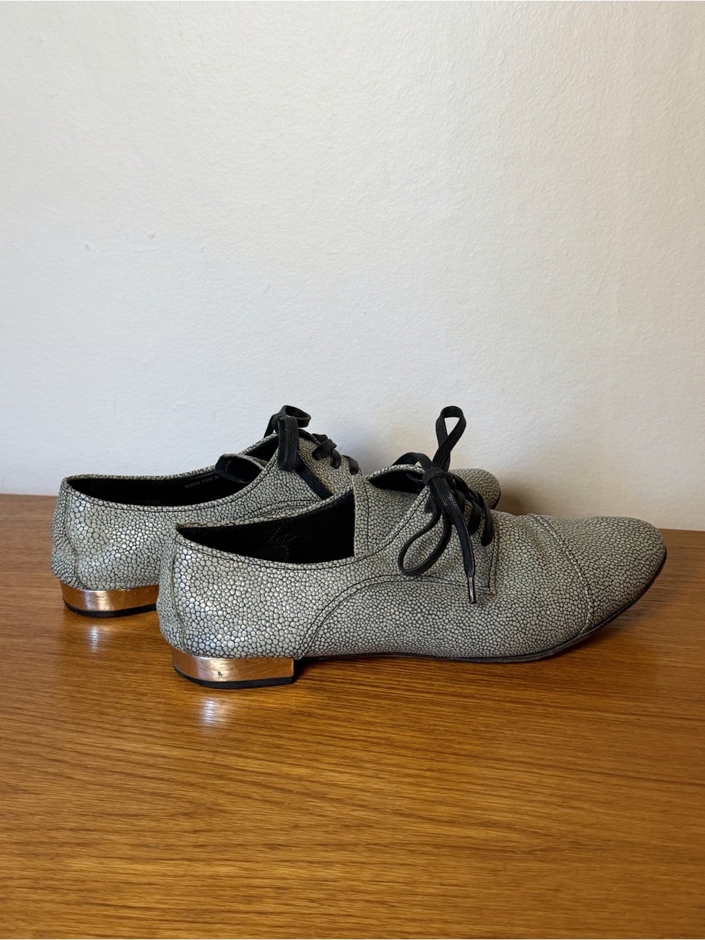 Miu Miu Metallic Sage/Silver Lace-Up Almond Toe Oxfords with Black Laces
